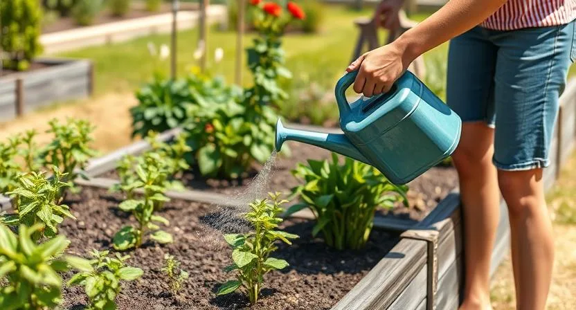 Eine Person gießt Pflanzen in einem Hochbeet mit einer Gießkanne. Gartenarbeit an einem sonnigen Tag, mittlere Aufnahme.