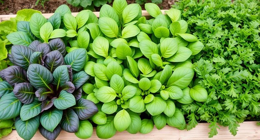 Ein Hochbeet, das überquillt mit frischen, lebendigen Blattgemüsen wie Spinat, Salat, Mangold und Rucola. Üppiges und gesundes Wachstum.