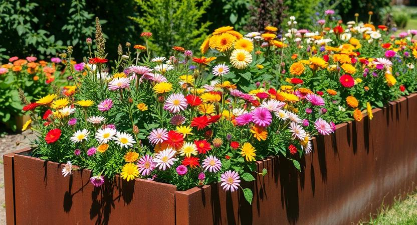 welche-blumen-eignen-sich-fuer-ein-hochbeet - Ein Hochbeet, das mit einer bunten Mischung aus blühenden Blumen überfließt und Bestäuber wie Bienen und Schmetterlinge anzieht – in einer sonnigen Gartenumgebung.