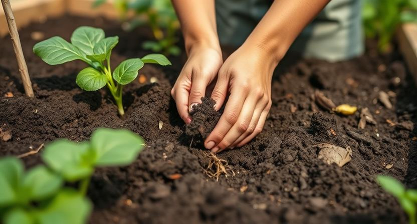 wie-oft-muss-ein-hochbeet-neu-befuellt-werden - Die Hände eines Gärtners arbeiten mit der Erde in einem Hochbeet und zeigen die Struktur des Bodens sowie gesunde Pflanzenwurzeln. Fokus auf Hände und Erde, natürliches Licht, Nahaufnahme.