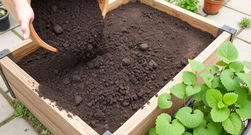 Reicher, dunkler Kompost oder hochwertige Erde wird in ein Hochbeet geschüttet, das auf Pflastersteinen steht. Betonung der Bedeutung guter Erde, wenn das Beet vom Boden isoliert ist.