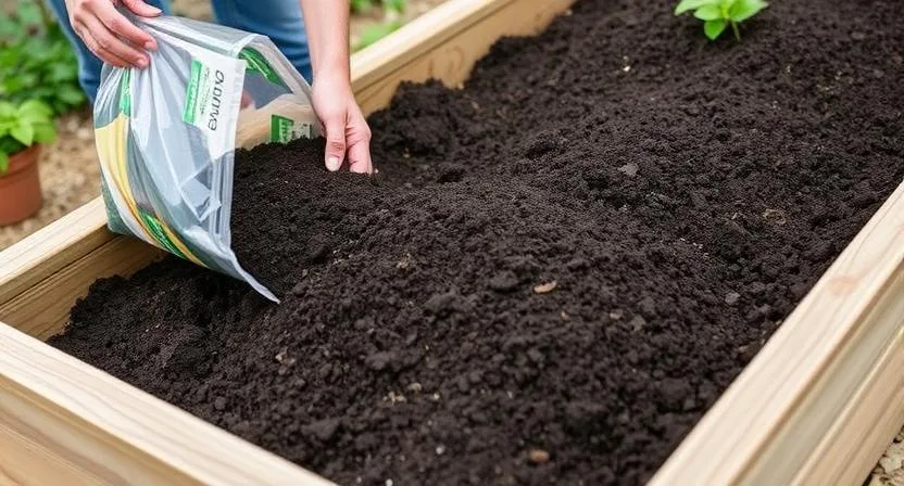 Eine Person füllt ein Hochbeet mit dunkler, nährstoffreicher Erde aus einem Sack und hebt die Kontrolle über die Bodenqualität im Hochbeet hervor.