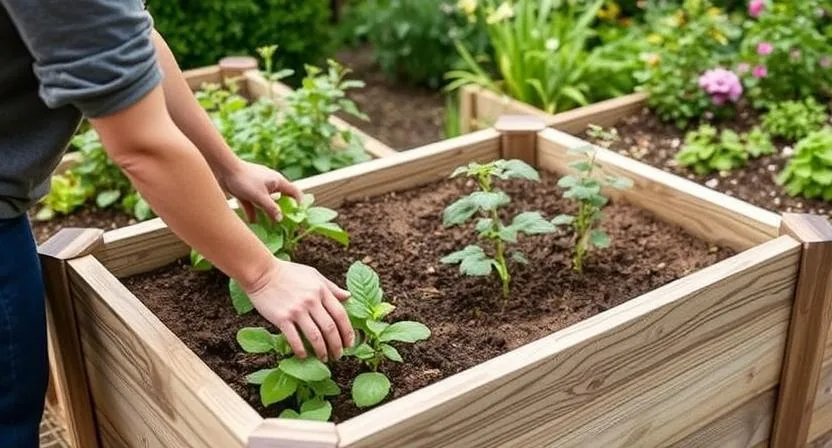 Eine Person greift bequem in ein Hochbeet, um Pflanzen zu pflegen, und demonstriert dabei die ideale Breite. Fokus auf die Reichweite der Person und die Größe des Beets.