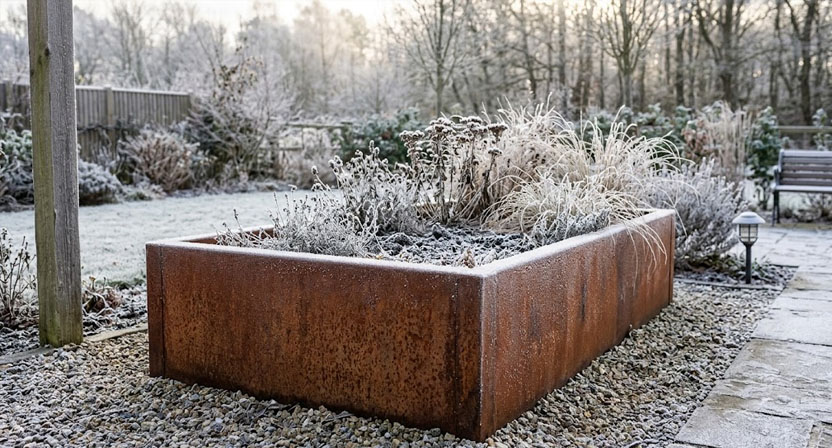 Ein Hochbeet aus Cortenstahl an einem frostigen Wintermorgen, die umlaufende Oberkante und die fleckige Rostoberfläche sind mit einer dünnen Raureifschicht überzogen.