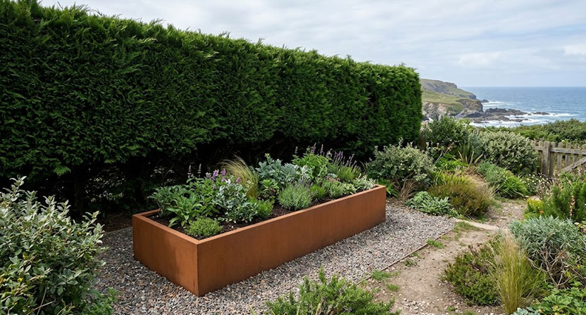 Ein Cortenstahl-Hochbeet steht im Windschatten einer hohen Hecke in einem küstennahen Garten, die Rostpatina wirkt hier gleichmäßiger als an freien Standorten