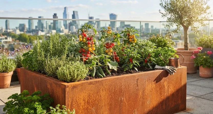 Ein Cortenstahl-Hochbeet mit sichtbarer Patina steht in der Sonne auf einer Dachterrasse, umgeben von Kräutern und Fruchtgemüse
