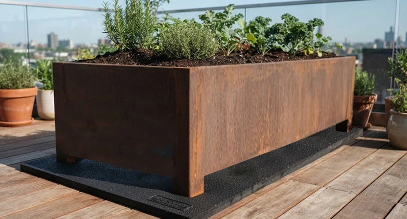 Eine Schutzmatte liegt unter den Standfüßen eines Hochbeets auf einer Dachterrasse und verteilt den Druck auf den Belag
