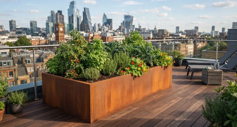 Ein Hochbeet aus Cortenstahl steht auf einer Dachterrasse mit Holzdielenbelag, im Hintergrund die Dachlandschaft einer Stadt