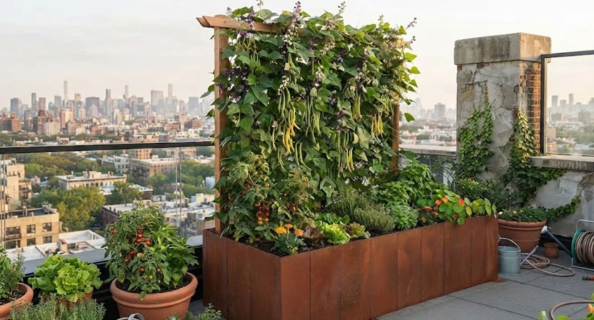 Ein Hochbeet mit hochrankenden Bohnen an einer Rankhilfe steht im Windschatten einer Attika auf einer Dachterrasse