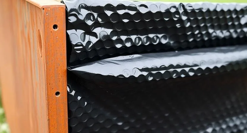 Nahaufnahme eines Isoliermaterials wie Luftpolsterfolie oder Schaumstoffplatten, das an der Innenwand eines Hochbeets aus Metall befestigt wird. Es zeigt die Isolierungsschicht.