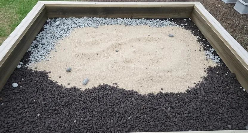 Der Boden eines Hochbeets mit Drainagelöchern oder einer Schicht aus Kies und Sand, um einen ordnungsgemäßen Wasserabfluss zu gewährleisten.