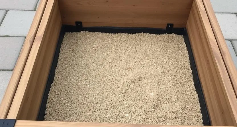 Der Boden eines Hochbeets mit einer Schicht aus Kies oder grobem Sand zur Drainage, direkt auf Pflastersteinen platziert. Nahaufnahme der Drainagematerialien.