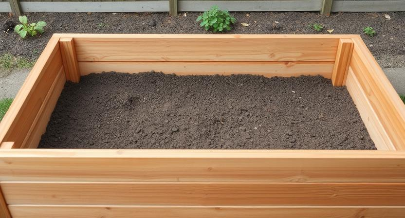 was-kommt-in-ein-hochbeet-unten-rein - Ein leeres Hochbeet mit sichtbarer unterer Drainageschicht, bestehend aus Kies. Fokus auf die Struktur und die Funktion der Schicht zur Wasserableitung.