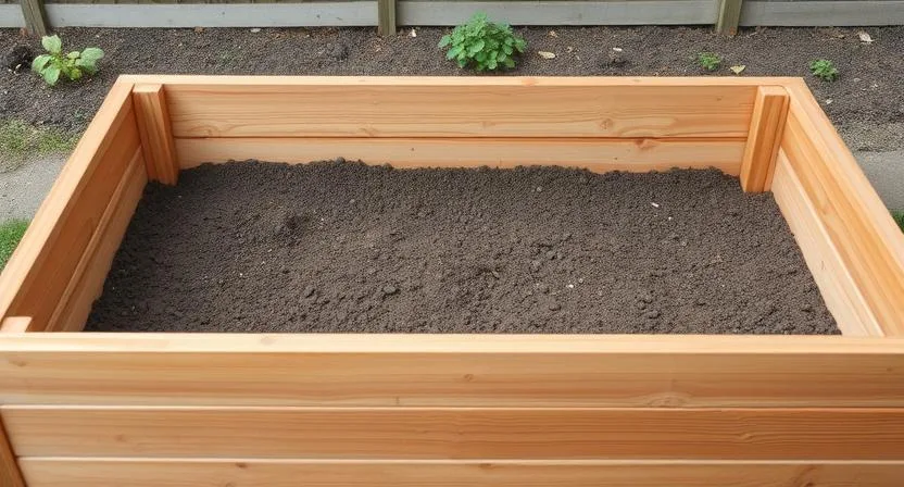 Ein leeres Hochbeet mit sichtbarer unterer Drainageschicht, bestehend aus Kies. Fokus auf die Struktur und die Funktion der Schicht zur Wasserableitung.