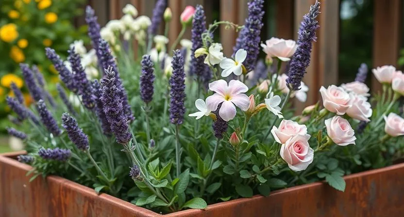Duftende Pflanzen wie Lavendel, Jasmin oder duftende Rosen blühen in einem hohen Hochbeet aus Cortenstahl und betonen ihre aromatischen Eigenschaften – eventuell mit sanftem Dunst-Effekt oder Nahaufnahme der duftenden Blüten.