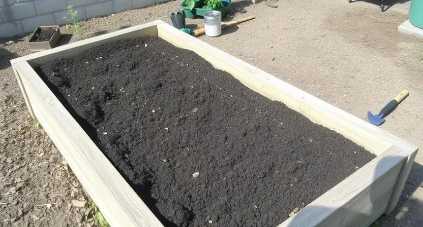 was-sollte-im-ersten-jahr-nicht-ins-hochbeet - Ein frisch befülltes Hochbeet mit dunkler, nährstoffreicher Erde, bereit für die Bepflanzung. Nahegelegene Gartengeräte deuten auf den Beginn der Pflanzsaison hin.