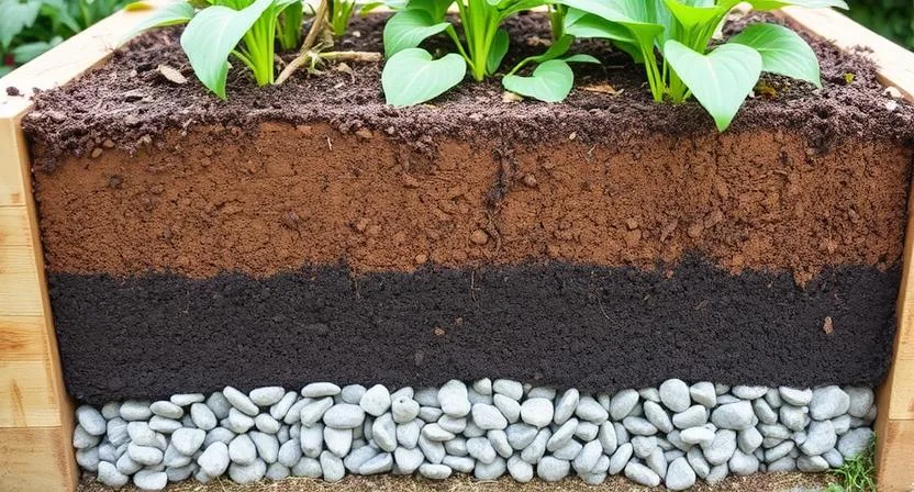 Eine Querschnittsansicht eines Hochbeets, die verschiedene Schichten von Füllmaterialien zeigt, darunter Kompost, Gartenerde und Drainagematerial am Boden. Gesunde Pflanzenwurzeln sind im Boden sichtbar.