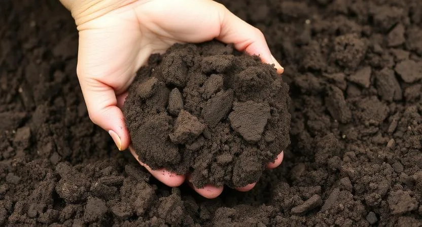 Hochwertige, dunkelbraune Gartenerde mit einer lockeren und krümeligen Textur. Möglicherweise mit einer Hand, die die Erde aufnimmt, um ihre Konsistenz zu zeigen.