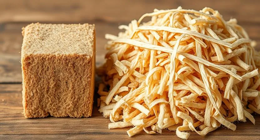 Ein komprimierter Kokosfasern-Ziegel neben einem Haufen lockerer, aufgequollener Kokoserde, die nach der Rehydrierung ihre fluffige Textur zeigt.