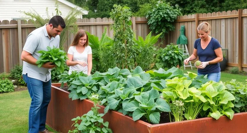 Eine Familie erntet glücklich Gemüse aus einem großen, blühenden Hochbeet in ihrem Garten. Betonung der reichen Ernte und der gemeinsamen Gartenarbeit.