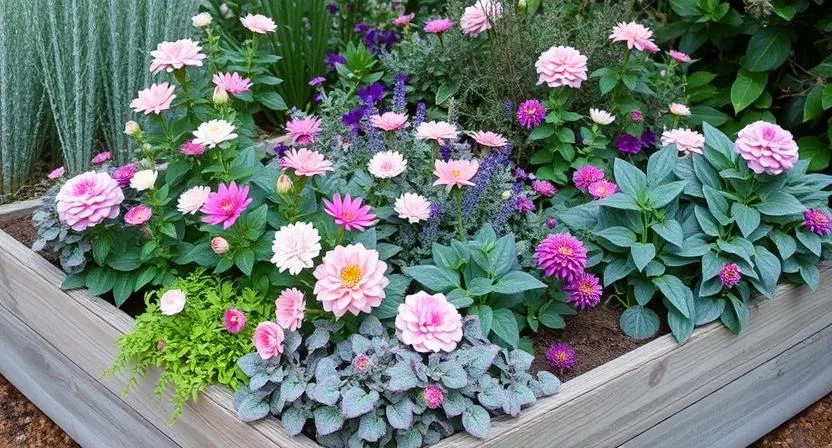 Ein Hochbeet, bepflanzt mit Blumen und Blattwerk in harmonischen Farbschemata, wie verschiedenen Rosatönen, Violett und Silber, das einen visuell beruhigenden und zusammenhängenden Eindruck erzeugt.