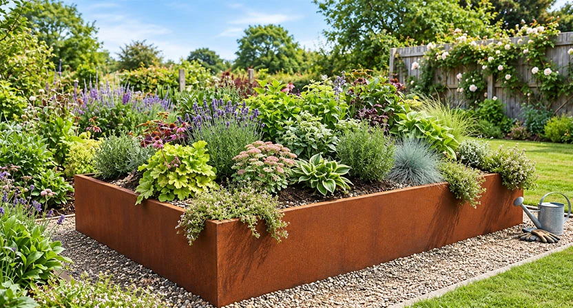 Ein fertiges, bereits bepflanztes Cortenstahl-Hochbeet mit gleichmäßig umlaufender Oberkante steht in einem gepflegten Garten