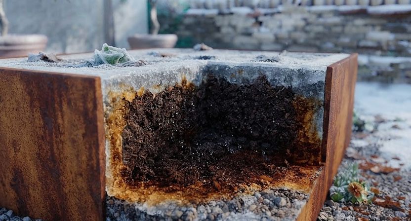 Schnittansicht durch ein Hochbeet im Winter, an den Wänden und an der Oberfläche liegt eine durchgefrorene Randzone, in der Mitte ist die Füllung noch dunkel und ungefroren