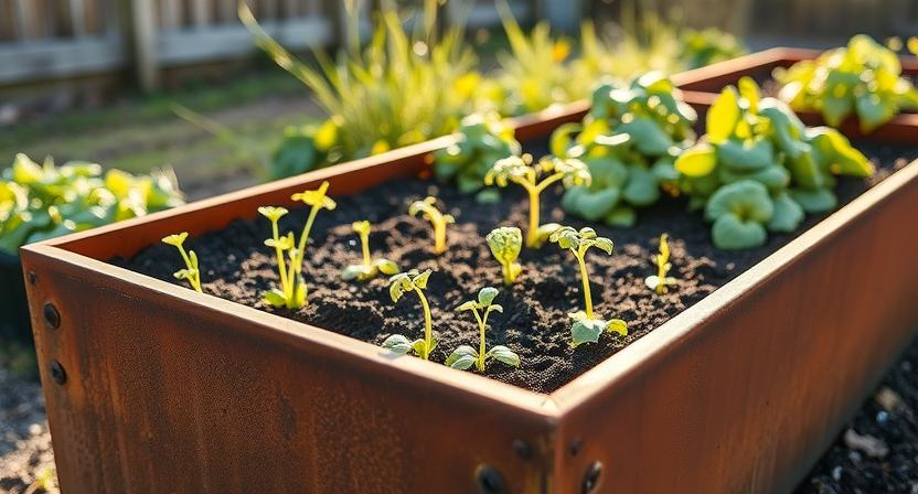 Ein hoch erhöhtes Cortenstahl-Gartenbeet im frühen Frühling mit jungen Setzlingen und neu gepflanztem Gemüse, sanft vom Sonnenlicht beleuchtet. Es zeigt den Beginn der Gartensaison.