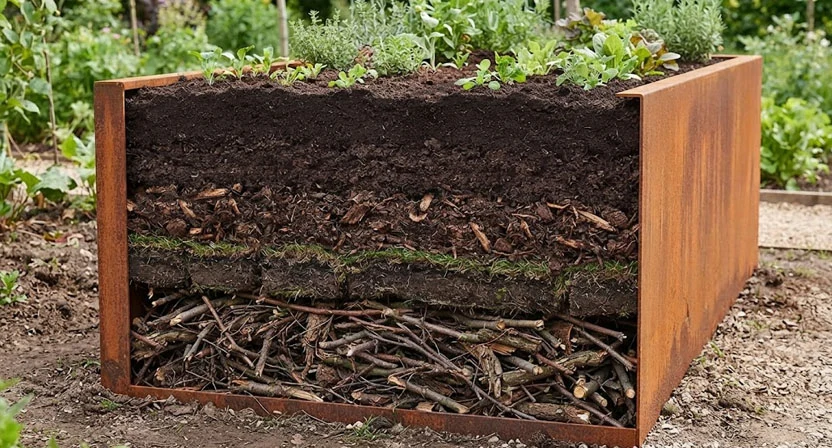 Querschnitt durch ein Hochbeet mit sichtbaren Schichten organischer Materialien, unten grob und nach oben immer feiner bis zur Pflanzerde
