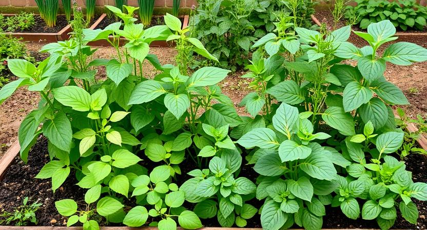 Eine vielfältige Mischung aus Gemüse und Kräutern wächst gesund in einem Hochbeet, mit unterschiedlich großem Abstand, passend für jede Pflanzenart. Veranschaulichung guter Gartenplanung und Pflanzverteilung.