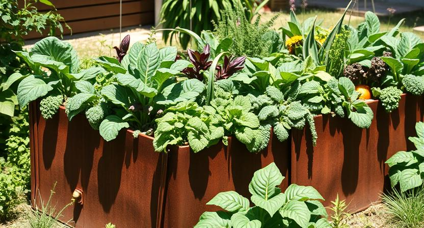 welches-gemuese-ist-am-besten-fuer-ein-hochbeet-geeignet - Ein blühendes Hochbeet aus Corten Stahl, das mit einer Vielzahl gesunder Gemüsearten gefüllt ist, darunter Blattgemüse, Wurzelgemüse und Kräuter. Sonnige Außenszene.
