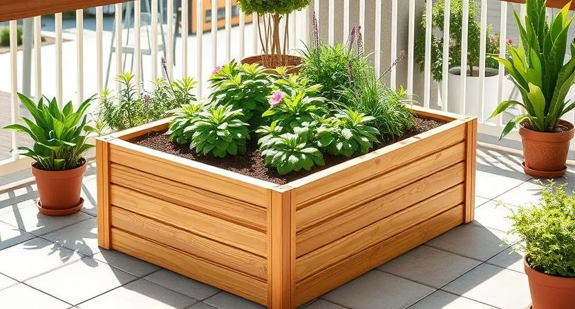 Hochbeet mit massivem Holzboden auf einer gepflasterten Terrasse, ringsum Topfpflanzen – ein geschlossenes Hochbeet, wie es für Balkone und Terrassen geeignet ist.