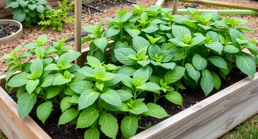 Ein Hochbeet mit außergewöhnlich gesunden und kräftig wachsenden Gemüse- und Kräuterpflanzen, das optimale Wachstumsbedingungen veranschaulicht.