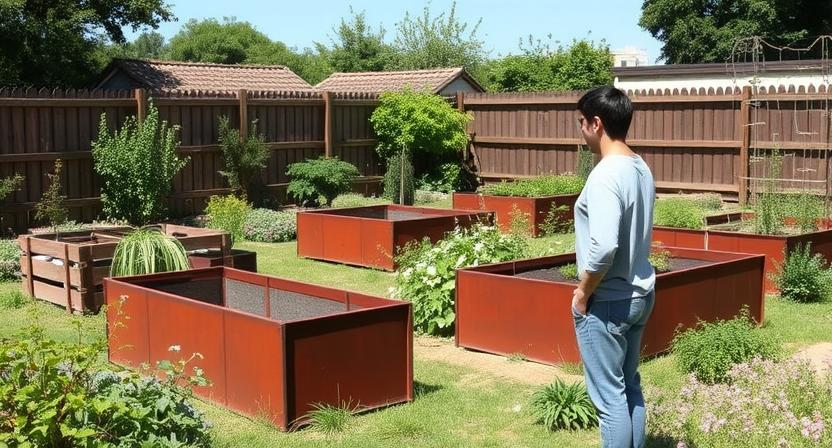 groesse-von-hochbeeten - Eine Person steht im Garten und betrachtet nachdenklich unterschiedlich große Hochbeeteaus Corten Stahl. Überlegung zur passenden Größe für die eigenen Bedürfnisse, sonniger Tag.