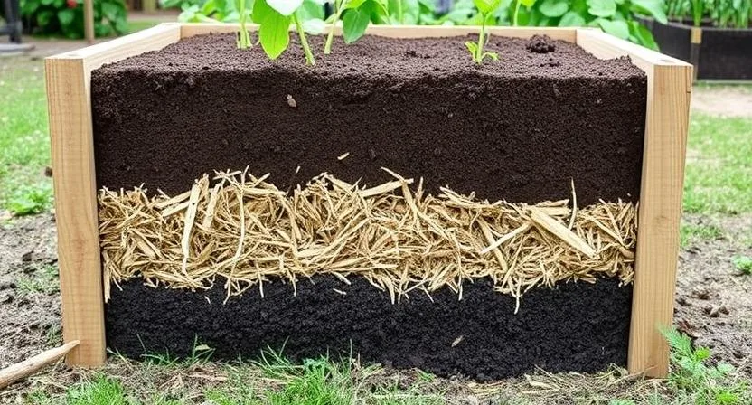 Ein Querschnitt eines Hochbeets, der die verschiedenen Schichten der Basisfüllung zeigt: unten eine Schicht aus Ästen, darauf Stroh und schließlich Kompost bzw. Erde. Der Fokus liegt auf der klaren Schichtung der Materialien.