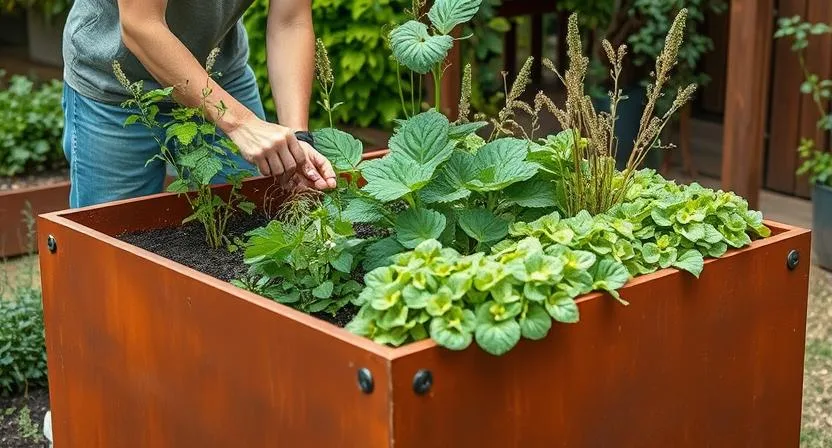 Eine Person pflegt bequem Pflanzen in einem hohen Hochbeet aus Cortenstahl, das eine ideale Höhe für rückenschonendes Gärtnern bietet. Zeigt den einfachen Zugang von allen Seiten.