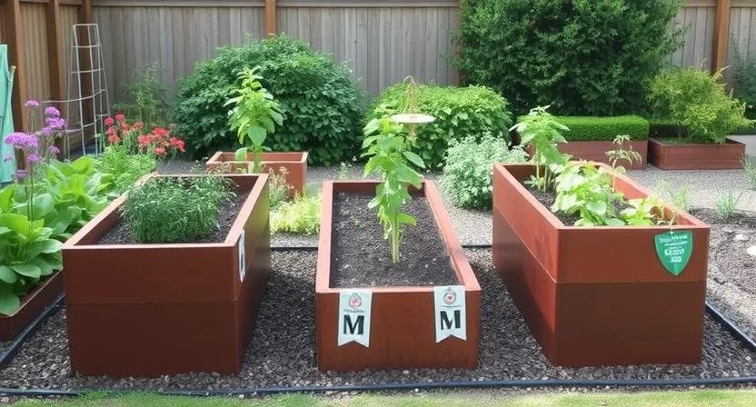 Drei Hochbeete mit unterschiedlichen Höhen in einem Garten – eines niedrig, eines mittel und eines hoch – zur Veranschaulichung verschiedener ergonomischer Optionen.