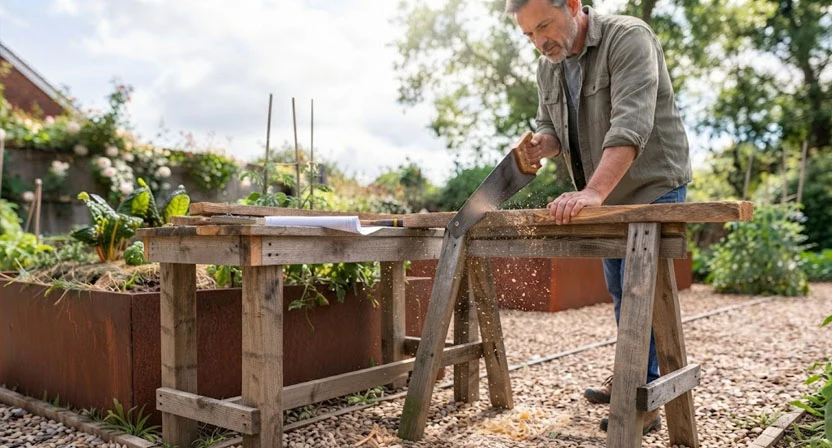 Ein Mann sägt Holzbretter für den Selbstbau eines Hochbeets auf zwei Böcken in einem Garten zurecht