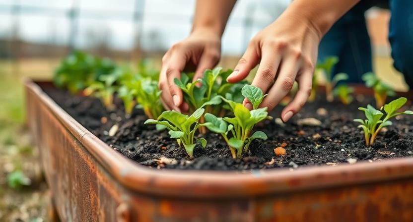 was-kommt-als-erstes-ins-hochbeet - Ein rostiges Hochbeet im frühen Frühling
