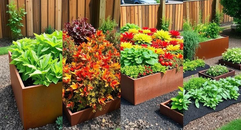 Ein geteiltes Bild, das ein erhöhtes Cortenstahl-Gartenbeet über die vier Jahreszeiten zeigt: grünes Wachstum im Frühling, reichliche Ernte im Sommer, Herbstfarben/Ernte und ein mulchiertes/geschütztes Beet im Winter. Veranschaulicht das ganzjährige Potenzial.