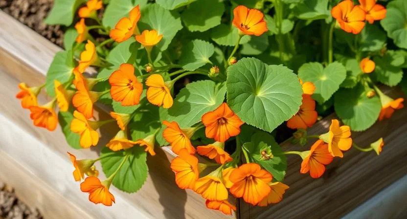 Helle orange- und gelbfarbene essbare Blüten und lilienblattförmige Blätter der Kapuzinerkresse (Nasturtium) ranken über den Rand eines Hochbeets. Zeigt ihre lebendige Farbe und Wuchsgewohnheit.