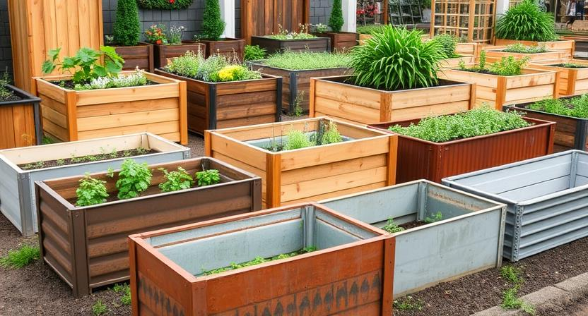 was-sollte-man-beim-kauf-eines-hochbeets-beachten - Eine Auswahl verschiedener Hochbeete (Holz, Metall, Kunststoff) wird in einem Gartencenter oder Online-Shop präsentiert. Zeigt Vielfalt in Materialien und Größen.