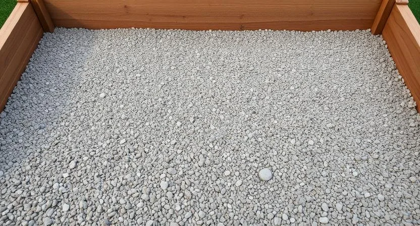 Eine gleichmäßig verteilte Schicht aus grobem Kies oder Splitt auf dem Boden eines leeren Hochbeets. Sie bildet eine poröse Schicht für eine optimale Wasserableitung.