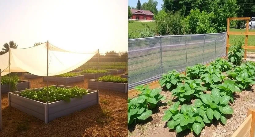 Ein geteiltes Bild: Links ein Hochbeet, das teilweise mit einem Schattierungsgewebe bedeckt ist, in einer sehr sonnigen, heißen Umgebung; rechts ein Hochbeet in voller Sonne in einem kühleren, gemäßigten Klima.