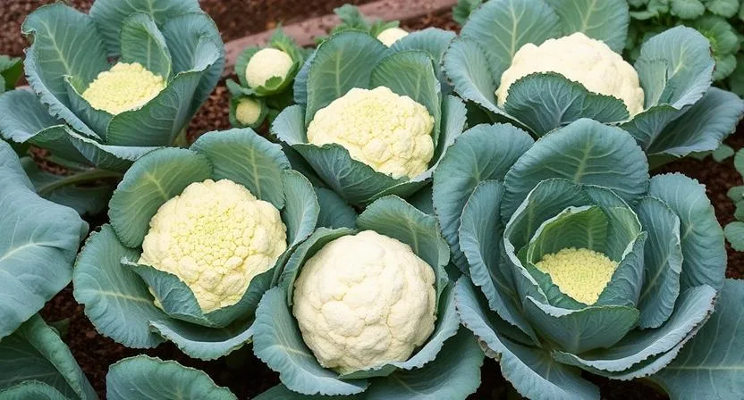 Gesunde und kräftige Kohlgemüse wie Brokkoli, Blumenkohl und Grünkohl wachsen in einem gut gepflegten Hochbeet. Ihre charakteristischen Formen und Texturen sind gut sichtbar.