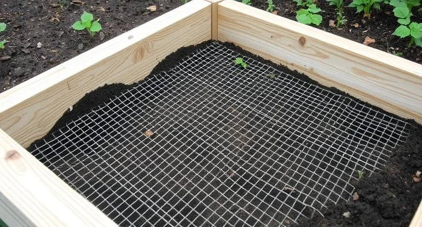 Detailaufnahme der Unterseite eines Hochbeets mit engmaschigem Drahtgewebe, das Wühlmäuse abhält, während Drainage und Bodenkontakt erhalten bleiben.