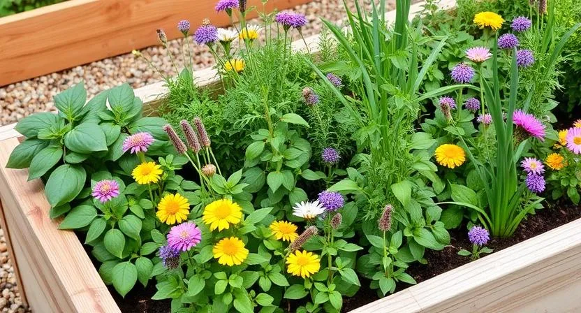 Ein Hochbeet, das eine wunderbare Mischung aus Küchenkräutern wie Basilikum, Oregano und Schnittlauch enthält, durchzogen von bunten Blumen, die Bestäuber anziehen und eine funktionale sowie schöne Kombination schaffen.