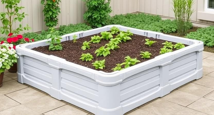 Hochbeet aus Kunststoff im Garten
