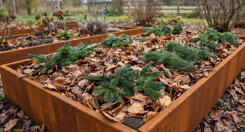 Ein Hochbeet ist mit einer dicken Schicht braunem Herbstlaub abgedeckt, darüber liegen locker einige Nadelzweige als Windbremse