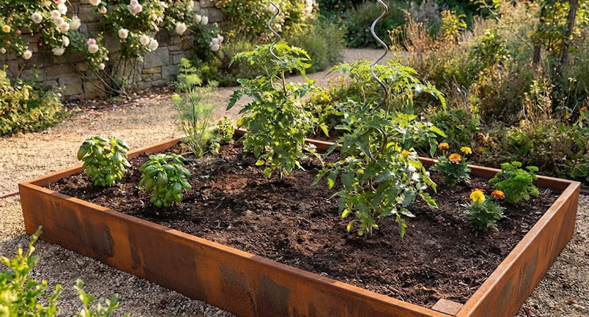 Locker bepflanztes Hochbeet mit deutlichem Abstand zwischen den Pflanzen und freiem Fußbereich der Tomaten